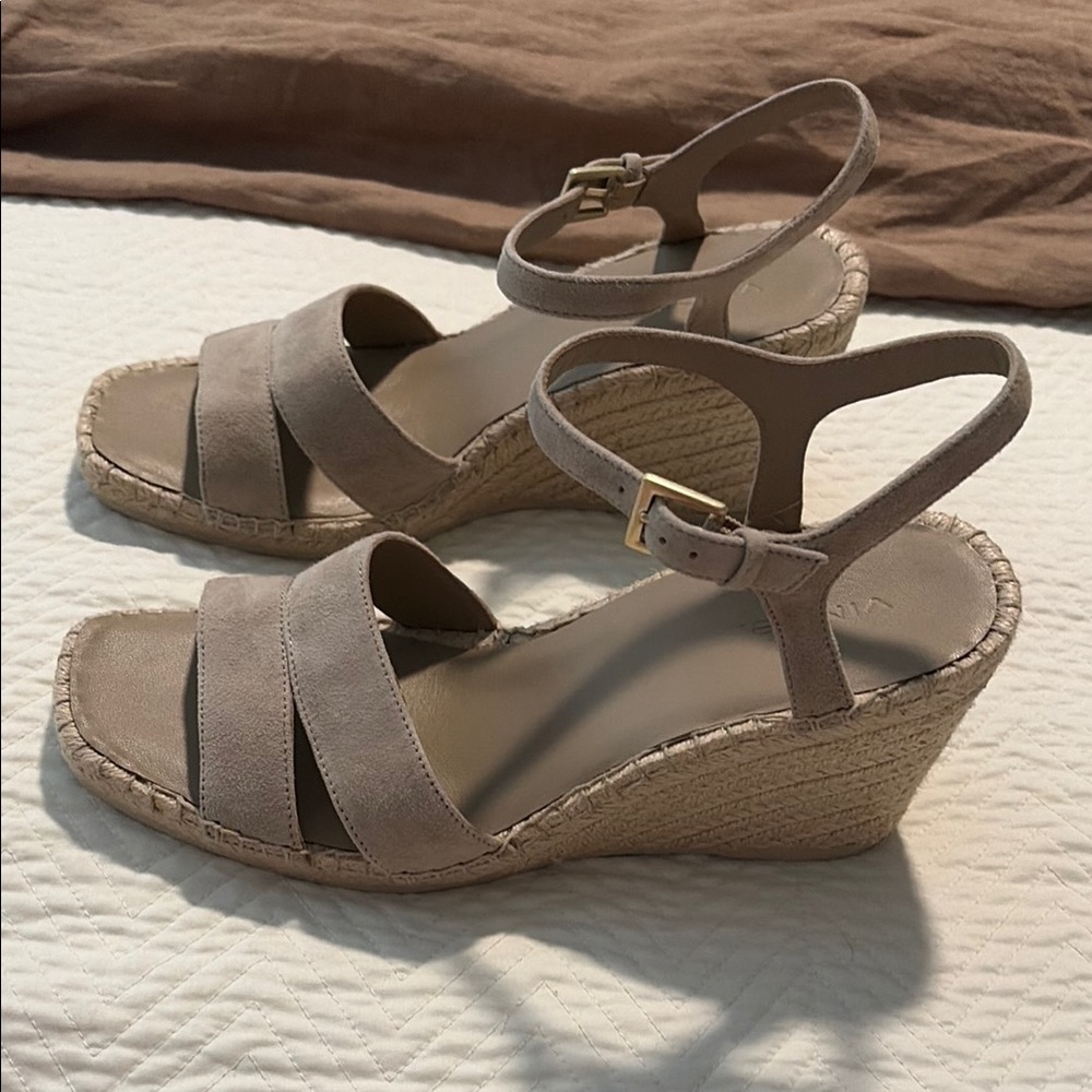 Vince Taupe Suede Ankle-Strap Wedge Sandals